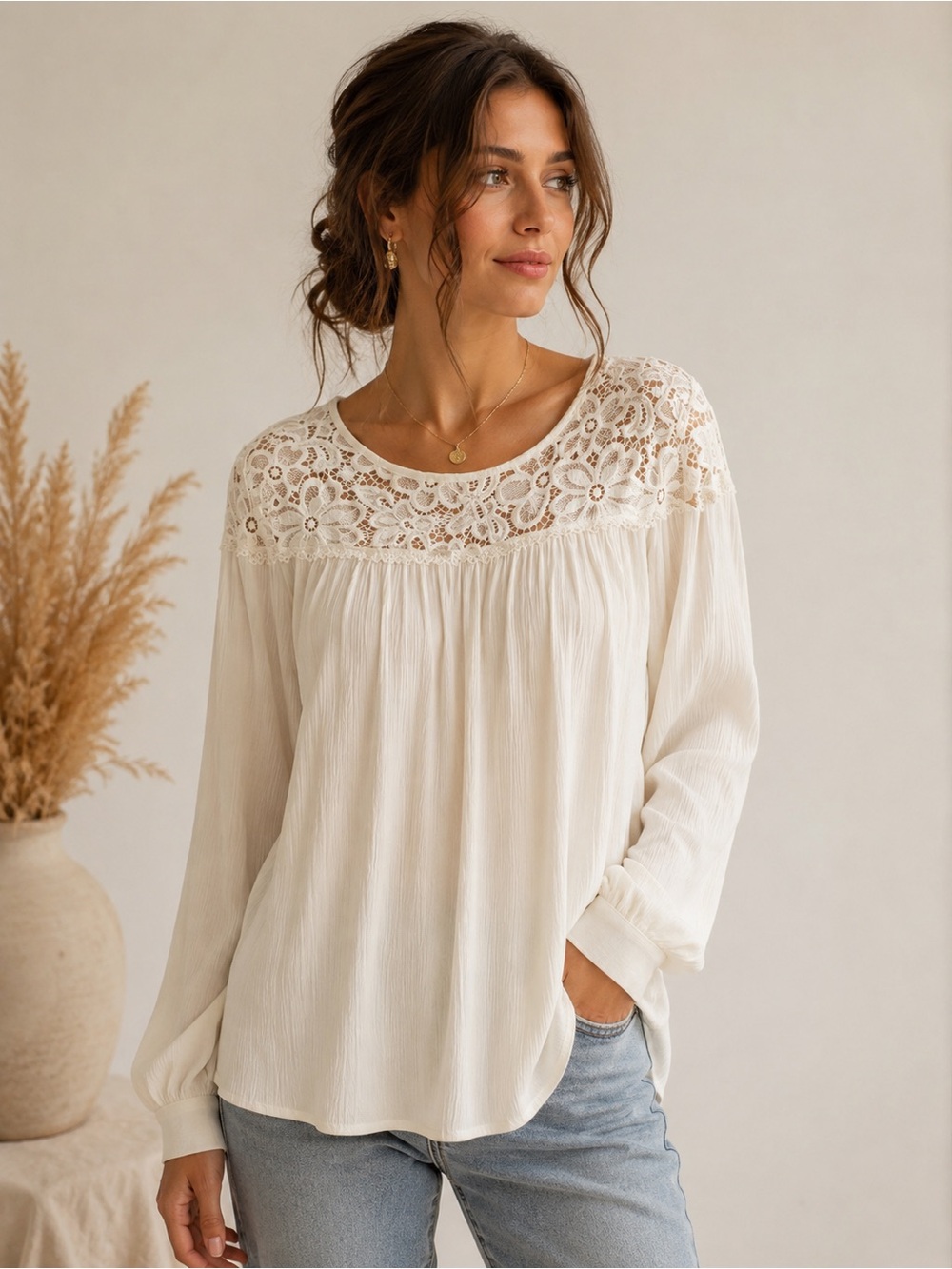 FDJ Ivory Lace Blouse Size 10 Boho Cottagecore Long Sleeve Euro Summer Coastal